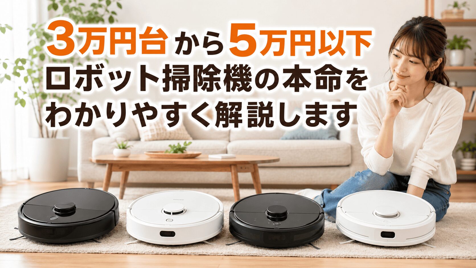 3万円台から5万円以下のロボット掃除機を比較しながら、本命モデルを選ぶ女性と複数機種を紹介したイメージ