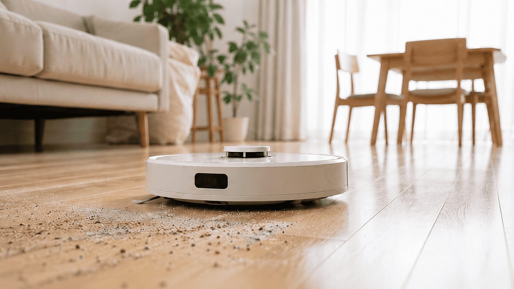 リビングのフローリングに落ちたゴミを吸引するロボット掃除機