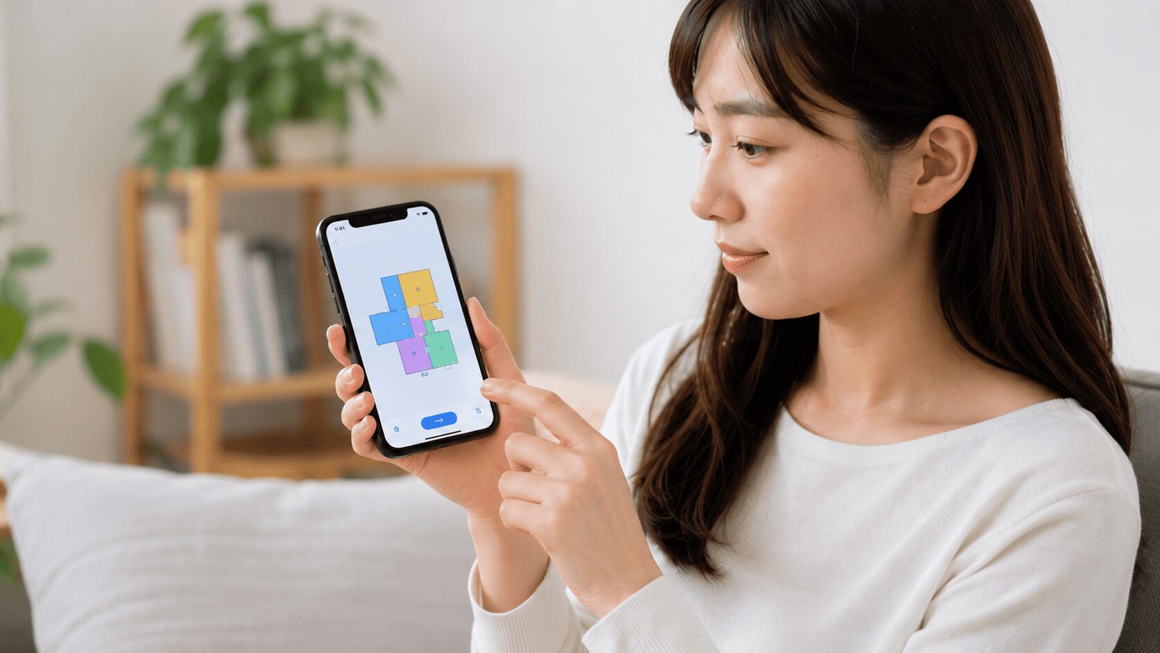 スマートフォンアプリでロボット掃除機のマッピングを設定する日本人女性